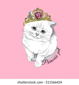 White Scottish kitten in a Princess crown on a pink background. Vector illustration.