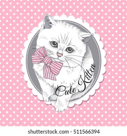 White Scottish kitten with striped bow on a pink polka dot background. Vector illustration.