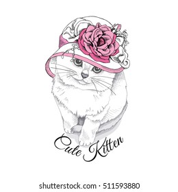 White Scottish kitten in a Summer Hat with big pink flower. Vector illustration.