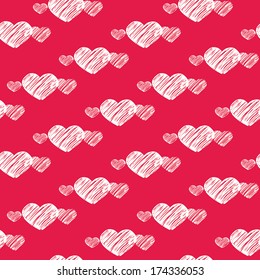 White scratch chalk written hearts on red seamless background for wrapping or wallpaper design