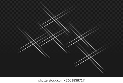 White scratch marks vector with sharp lines on a dark checkered transparent background. Abstract scratches and thin lines, perfect for vector designs, damaged textures, scratch effects, or transparent