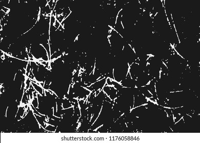 White Scratches Isolated On Black Background. Dust Overlay Distress. Grunge Elements With Grain And Noise. Vector Monochrome Illustration, Eps 10.