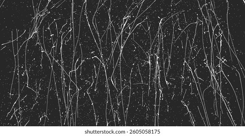 White scratches overlay texture shows thin random lines on black background. Irregular stroke marks create distressed surface effect. Vector graphic element suits design template