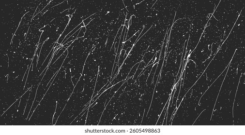 White scratches overlay texture shows thin random lines on black background. Irregular stroke marks create distressed surface effect. Vector graphic element suits design template