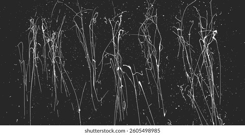 White scratches overlay texture shows thin random lines on black background. Irregular stroke marks create distressed surface effect. Vector graphic element suits design template