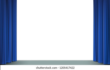 White screen in the cinema with a stage and curtain. Blank background with copy space. Stock vector illustration.