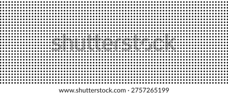 White screen LED digital dot pattern bg. Black circle pixels, spots, specks on panel texture. Vector seamless grid. Billboard overlay for display wall monitor design.