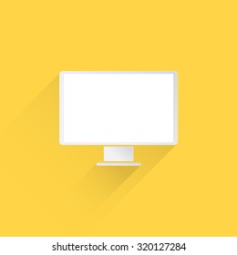 White screen monitor with flat design and long shadow on yellow background, vector illustration