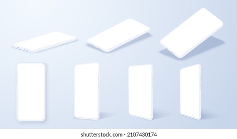 The white screen of the smartphone display in the rotated position on different fashionable on a white background. Gently white phone in different positions top view, side view and tilt. Vector