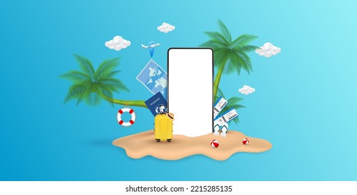 smartphone de pantalla blanca y maleta de viaje. Billete de avión, Pasaporte en la playa del paraíso con cocotero. Nube flotando en el aire. Plantilla de anuncios para hacer turismo. Concepto de vacaciones de verano. Vector 3D.