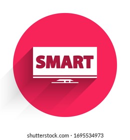 White Screen tv with Smart video technology icon isolated with long shadow. Red circle button. Vector Illustration