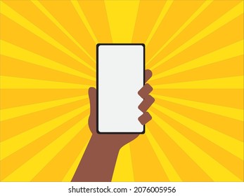 White screen. Vector illustration of a phone in a black man's hand. Isolated on yellow background.