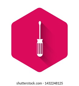 White Screwdriver icon isolated with long shadow. Service tool symbol. Pink hexagon button. Vector Illustration