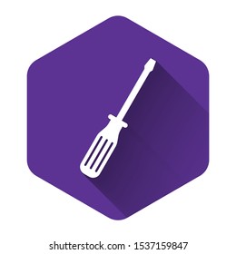 White Screwdriver icon isolated with long shadow. Purple hexagon button. Vector Illustration