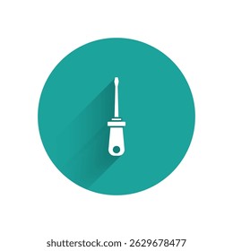 White Screwdriver icon isolated with long shadow. Service tool symbol. Green circle button. Vector