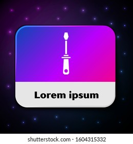White Screwdriver icon isolated on black background. Service tool symbol. Rectangle color button. Vector Illustration
