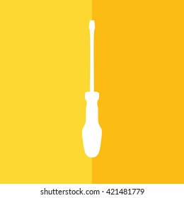 White screwdriver vector icon. Yellow background