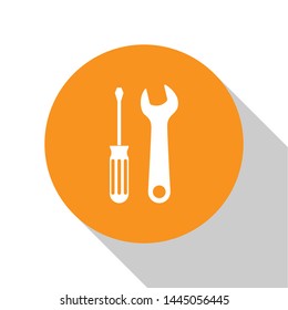 White Screwdriver and wrench tools icon isolated on white background. Service tool symbol. Orange circle button. Vector Illustration
