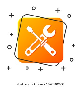 White Screwdriver and wrench tools icon isolated on white background. Service tool symbol. Orange square button. Vector Illustration