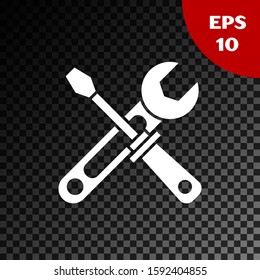 White Screwdriver and wrench tools icon isolated on transparent dark background. Service tool symbol.  Vector Illustration
