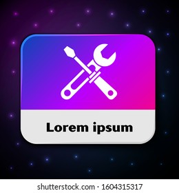 White Screwdriver and wrench tools icon isolated on black background. Service tool symbol. Rectangle color button. Vector Illustration