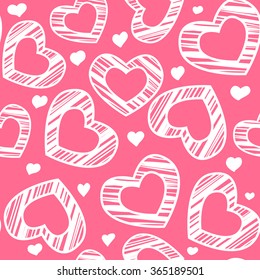 White scribble hearts on pink background. Seamless pattern for Valentines day design.