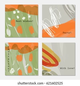White scribbles and dots on orange.Hand drawn creative invitation greeting cards. Poster, placard, flayer, design templates. Anniversary, Birthday, wedding, party cards set of 4. Isolated on layer.