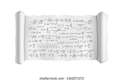 White scroll with lot of hand-drawn complicated scientific formulas and calculations, blueprint plan isolated on white
