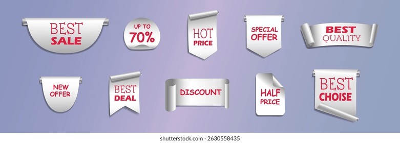 White Scroll and Ribbon Style Sale Labels with Promotional Text on Purple Gradient Background