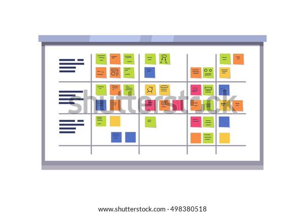 白色磨砂板充满了粘性便笺卡的任务 用于管理产品开发的迭代敏捷软件开发框架 平面样式矢量插图隔离在白色背景上 库存矢量图 免版税