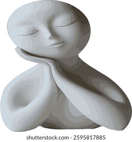 A white sculpture of a woman with closed eyes, her hands resting on her chest