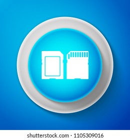 White SD card icon isolated on blue background. Memory card. Adapter icon. Circle blue button with white line. Vector Illustration