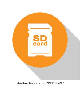 White SD card icon isolated on white background. Memory card. Adapter icon. Orange circle button. Flat design. Vector Illustration