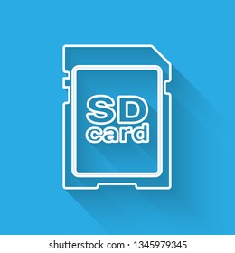 White SD card icon isolated with long shadow. Memory card. Adapter icon. Vector Illustration