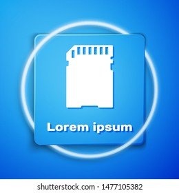 White SD card icon isolated on blue background. Memory card. Adapter icon. Blue square button. Vector Illustration