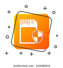 White SD card and shield icon isolated on white background. Memory card. Adapter icon. Security, safety, protection, privacy concept. Orange square button. Vector Illustration