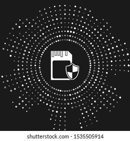 White SD card and shield icon isolated on grey background. Memory card. Adapter icon. Security, safety, protection, privacy concept. Abstract circle random dots. Vector Illustration