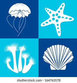 White sea objects & design elements on the blue background