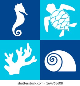 White sea objects & design elements on the blue background