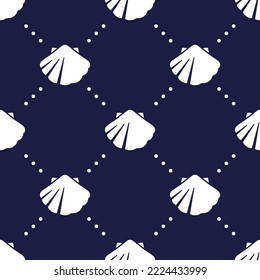 White sea shells on dark blue background seamless pattern. Marine underwater life. Best for textile, wallpapers, wrapping paper, package and home decoration.