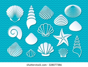 White sea shells and starfish icons with shadows