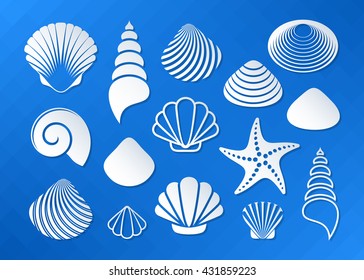 White sea shells and starfish icons with shadows