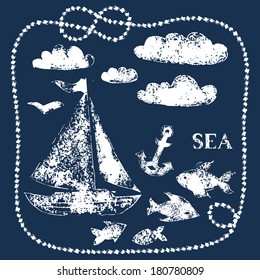 White sea themed hand printed elements on navy blue - boat, clouds, fishes, anchor, vector background