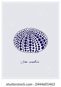 White Sea Urchin with blue spots. Vintage style poster. Hand drawn graphic design collection. Vector illustration.