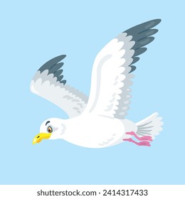 White seagull flies in the sky. In cartoon style. Isolated on blue background. Vector flat illustration