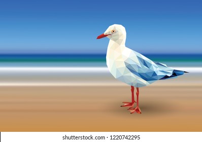White seagull low polygon stand on sea blue sky background, red beak gull crystal design on gradient beach illustration. Bird gray wings geometric in summer horizon seashore.