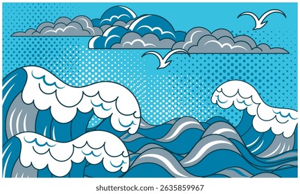 Gaviotas blancas vuelan sobre el mar tormentoso bajo las nubes. Imagen en el estilo del antiguo grabado japonés. Paleta azul. Ilustración vectorial