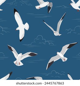 White seagulls flying in the blue sky. Summer vector pattern