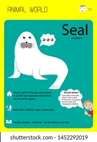 White seal, educational flash cards. habitat, food, interesting information, facts. Home education. Zoology. For kindergarten, children's center. First reading, learning English