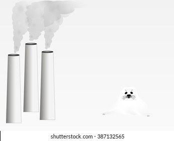White seal lies next to pipes that smoke